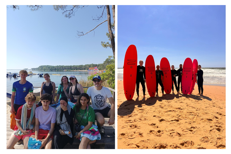 journées de la glisse à Bombannes édition 2024. Les 8 apprentis du Campus du Lac posent pour une photo souvenir au bord de la plage de carcan ainsi qu'avec leurs surfs