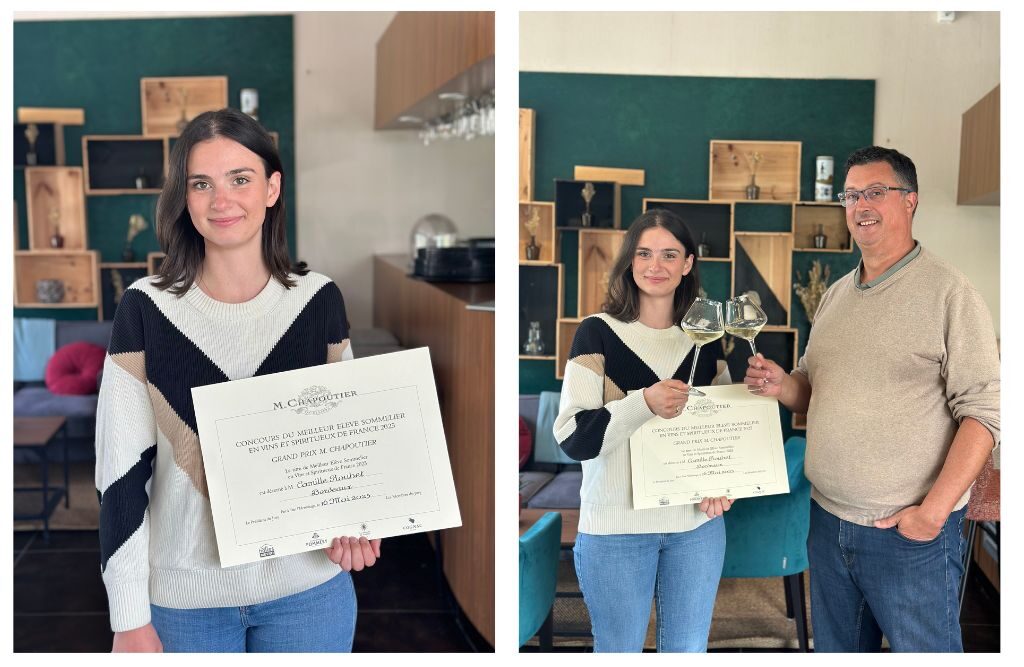 camille rouhet gagnante du concours meilleur élève sommelier de france M.Chapoutier et son formateur du campus du lac Stéphane Falluel