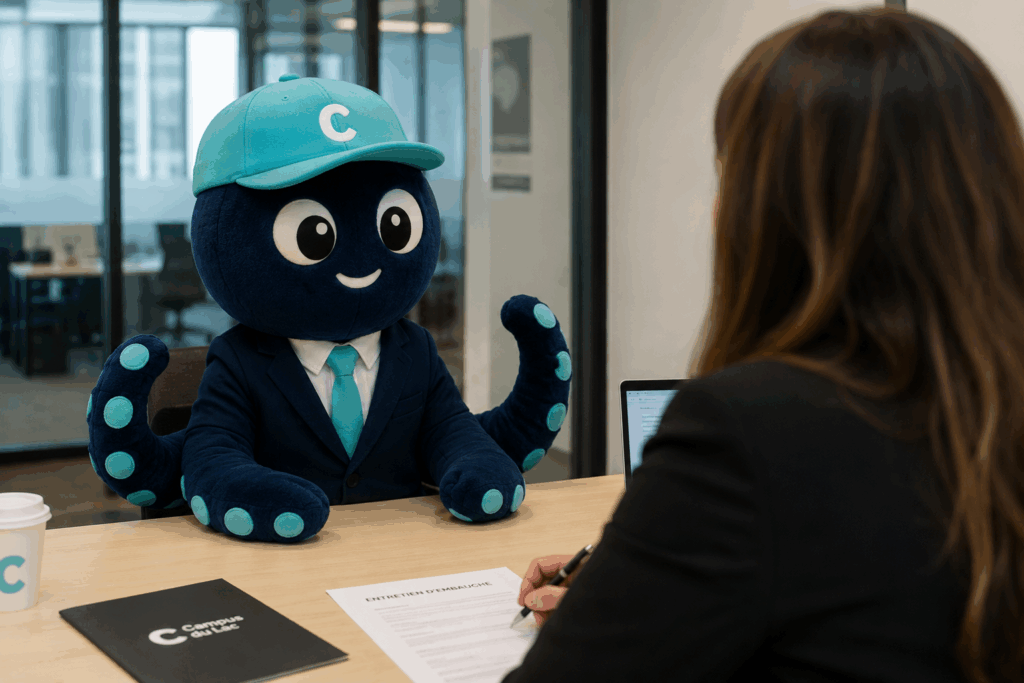 poulpy la mascotte du campus du lac qui passe un entretien pour une alternance